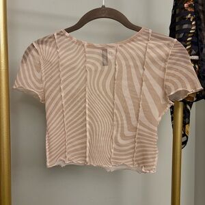 Beige Nude Sheer Mesh Wavy Textured Crop Top